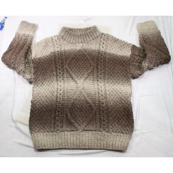 Handmade Tan 2 Tone Ecuadorian Wool Sweater With Cable Knit Design Large - Picture 1 of 6